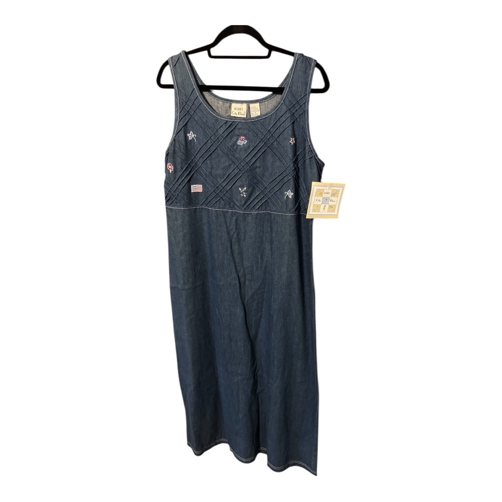 NWT VTG Koret City Blues Denim Tank Dress Embroidered Red White Blue Sz S TbG19